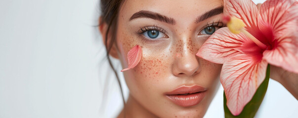 A beautiful woman with blue eyes and freckles holding an exotic flower near her face, in the style of a skin care concept, on a white background, a place for text, a beautiful portrait photo
