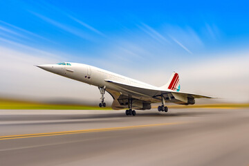 Supersonic airliner over tarmac at blurred airport