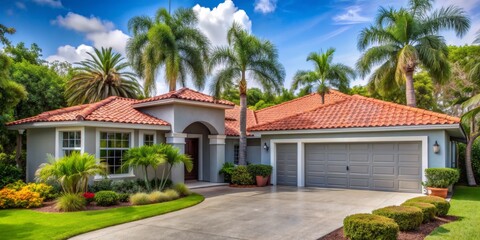 Charming gray-walled residence boasts vibrant red tiled roof, lush tropical gardens with palm trees, and immaculate driveway, garage, and white accent trim.