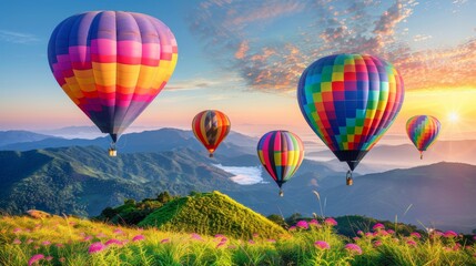 Fototapeta premium Colorful hot air balloons soar over sunset lit mountains and meadows in a picturesque evening scene