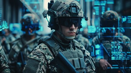 Military forces command through a tablet with augmented reality, utilizing AI for internet-based programming control and online coordination of the military team