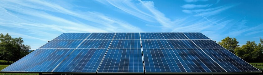 A solar panel installation under a clear blue sky, symbolizing renewable energy and sustainable technology.