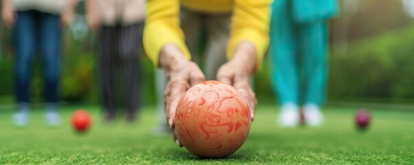 Elderly group enjoying a game of lawn bowls, bright and lively atmosphere, fun physical activity, wellness concept, empty copy space on the right