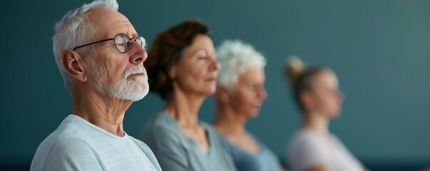 Elderly group enjoying a yoga workout, relaxed and peaceful, wellness concept, editorial photography, empty copy space on the right