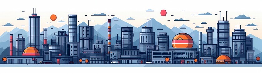 A vibrant skyline illustration featuring modern buildings and a futuristic city atmosphere under a scenic sky.