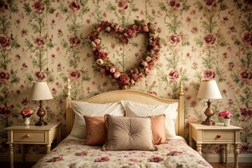 Romantic vintage-inspired bedroom features floral wallpaper, antique bedspread, and heart-shaped wreath of dried rose petals on wall, evoking nostalgic charm and whimsical elegance.