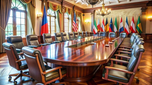 A stately conference room with empty leather chairs, flags of various nations, and a large wooden table, staging a scene for diplomatic cooperation discussions.