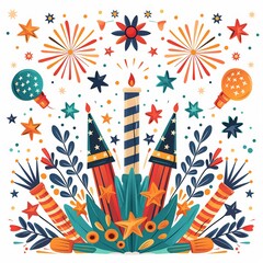 Fototapeta premium Colorful fireworks and festive elements illustration, perfect for celebration and holiday themed designs.