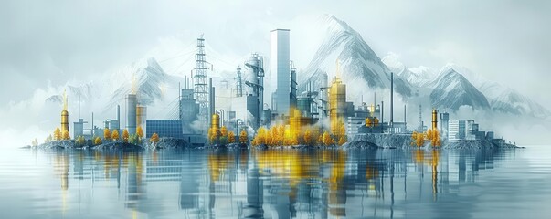 A serene industrial landscape reflecting on calm waters, surrounded by mountains and mist, blending nature and industry harmoniously.