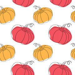 Seamless pattern of pumpkins with colored spots in doodle style on a white background. Vector illustration