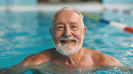 Fototapeta premium Elderly man exercising in water aerobics class, joyful expression, wellness and fitness, bright pool setting, copy space for text