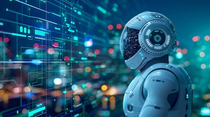 A robotic figure with a glossy helmet stands against a futuristic digital interface, ideal for representing AI technology, digital transformation, or robotics innovation,