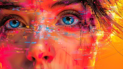 A close-up of human eyes with a vibrant digital overlay, blending reality with technology, ideal for themes of futurism, innovation, and human-tech interaction,