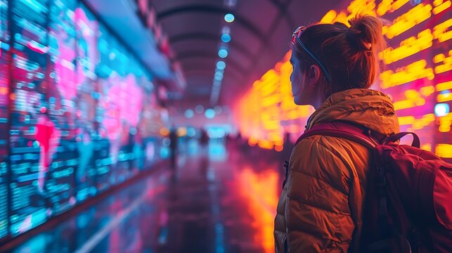 A woman with a backpack stands in front of a digital display screen in a modern, futuristic setting, suitable for themes of travel, technology, and exploration,