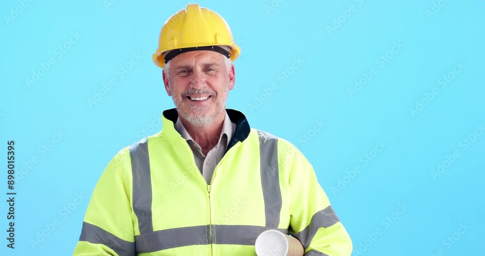 Aufkleber face, construction and man with blueprints, engineering and project manager on blue studio backgroun