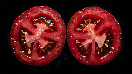 A Captivating Close-Up of a Perfectly Sliced Tomato on a Sleek Black BackgroundShowcasing Its Juicy Red Flesh and Intricate Details