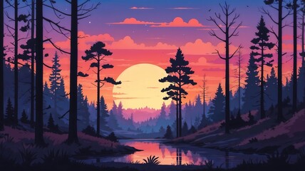 sunset silhouettes twilight over the forest cartoon colorful. 