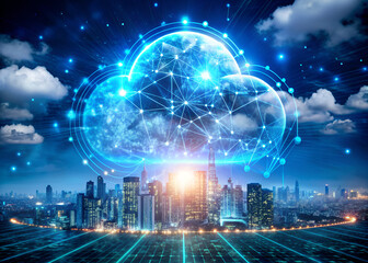 Fototapeta premium Dynamic blue cloud computing concept with glowing orbs over a bustling cityscape.Abstract depiction of cloud computing as a dynamic, interconnected network above a modern city.