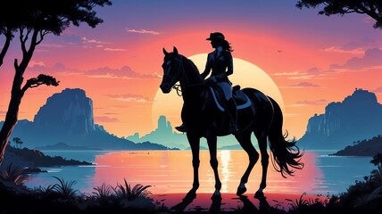 horse silhouette landscape on sunset