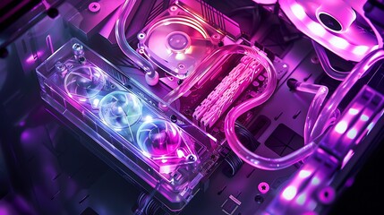 Dual fan radiator and RGB lit water block in a high performance liquid cooling system inside a transparent PC case designed for overclocking and custom gaming builds