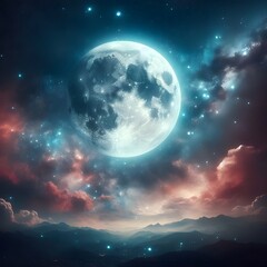 Fototapeta premium Full moon with a starry night sky, minimal clouds, dark blue background.