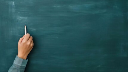 Engaged student taking notes in front of a chalkboard, learning and curriculum, education concept, editorial shot, empty space for text on side