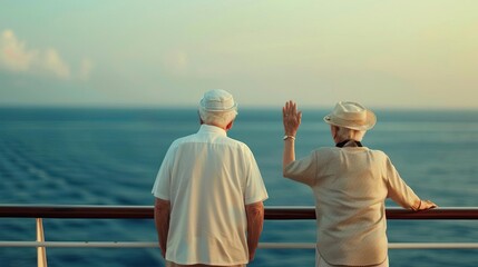 Fototapeta premium Grandparents waving from a ship's deck, embarking on a voyage, travel and leisure concept, editorial shot, empty space for text on side