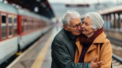Fototapeta premium Happy grandparents embracing at a train station, starting their voyage, travel and leisure concept, empty space for text on left