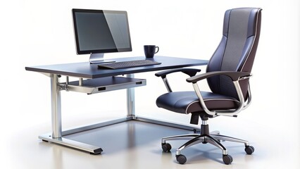 Modern office workstation desk with ergonomic chair, keyboard, mouse, and monitor on a sleek surface, isolated on a transparent background, perfect for digital compositions.