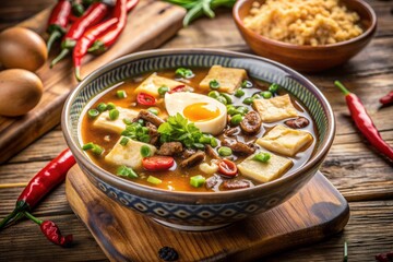 Steaming bowl of traditional Chinese hot and sour soup filled with mushrooms, tofu, eggs, and scallions, garnished with sesame oil and chili peppers.