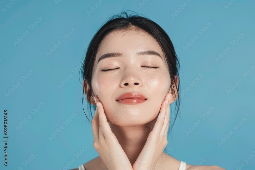 Wall mural Young Asian beauty woman pull back hair with Koreans makeup style on face and perfect clean skin on isolated blue background. Facial treatment, Cosmetology, plastic surgery - generative ai