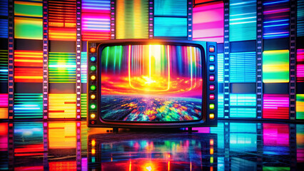 Vibrant video strip with colorful glitches, distorted lines, and retro TV screen texture, evoking nostalgia and futuristic vibes in a digital abstract background.