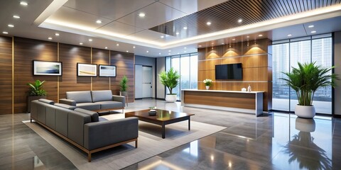 A sleek, modern office lobby features branded signage, digital displays, and stylish furniture, exuding a professional and welcoming atmosphere in a corporate setting.