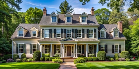 Classic colonial-style house with five bedrooms, three bathrooms, spacious kitchen, and multiple living areas, perfect for families, surrounded by lush greenery and natural light.