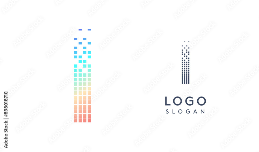 Poster Pixelated Letter I transitioning into scattered pixels with gradient colors creating modern, digital effect like equalizer. Abstract logo for tech software and digital media. Vector illustration.