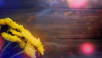 Bouquet of yellow Chrysanthemum on corner bottom right of vintage wooden table copy space, for florist or composing postcard and text with love letter