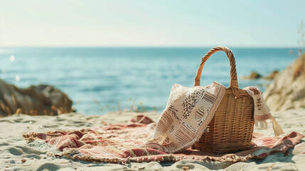 A seaside picnic with a blanket and basket, copy space 