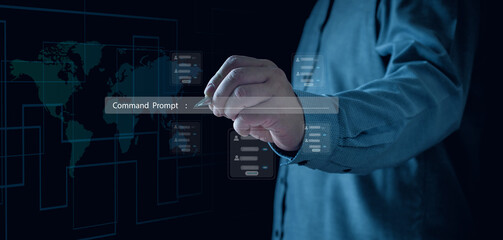 AI technology, Close-up of a businessman  interact with a virtual command prompt,  Artificial Intelligence, search enginea digital interface featuring, help service, innovation future