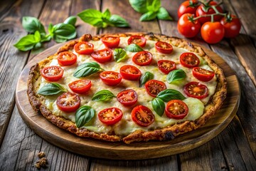 Freshly baked cauliflower crust pizza with melted mozzarella cheese, ripe tomatoes, and fragrant basil leaves, served on a rustic wooden table background.