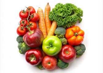 Vibrant arrangement of five colorful fruits and vegetables, including apples, carrots, tomatoes, and broccoli, forming the numeral five, promoting healthy eating habits.