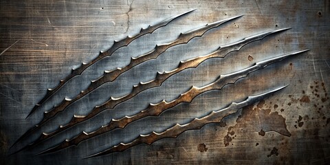 Rugged steel metal background with deep cuts and claw marks, scratched and slashed through the surface, revealing a rough, torn, and brutal texture.