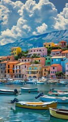 Obraz premium Colorful Houses by the Sea with Boats in a Sunny Day