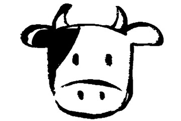 筆タッチの正面を向いたウシの顔のモノクロ線画イラスト