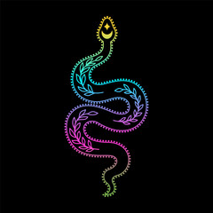 Mystic snake in linear style with gradient colours on black background.