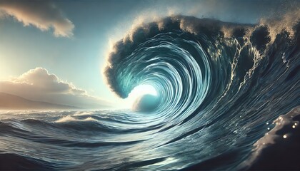 Fototapeta premium A dynamic and realistic scene of a massive wave. The wave is towering and curling, creating a tunnel-like effect