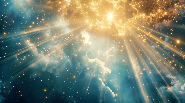 God light in heaven symbolizing divine presence. Light beams blessing world with heavenly light.