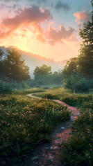 Morning Sun Illuminating Serene Meadow with Dew-Kissed Grass and Towering Trees