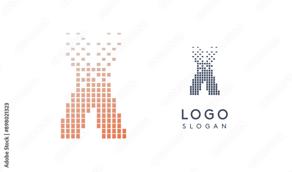 Aufkleber Pixelated Letter X transitioning into scattered pixels with gradient colors creating modern, digital effect like equalizer. Abstract logo for tech software and digital media. Vector illustration.