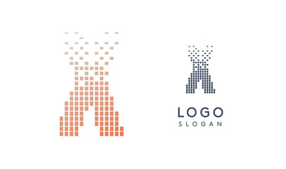 Pixelated Letter X transitioning into scattered pixels with gradient colors creating modern, digital effect like equalizer. Abstract logo for tech software and digital media. Vector illustration.