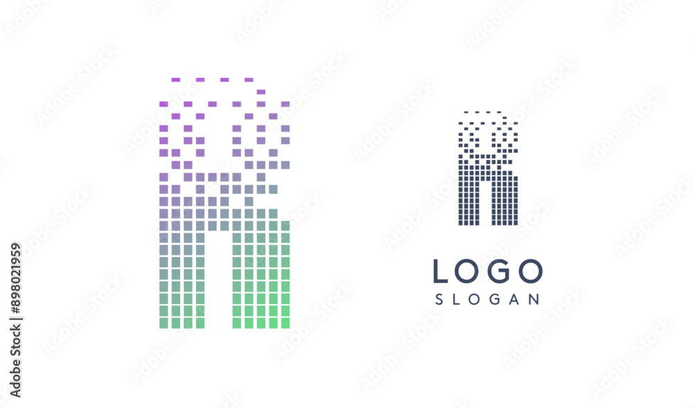 Aufkleber Pixelated Letter R transitioning into scattered pixels with gradient colors creating modern, digital effect like equalizer. Abstract logo for tech software and digital media. Vector illustration.
